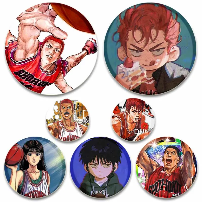 

Cute Sports Anime Button Pins Sakuragi Hanamichi Rukawa Kaede Cartoon Cosplay Badges Clothes Backpack Decor Accessories Pins