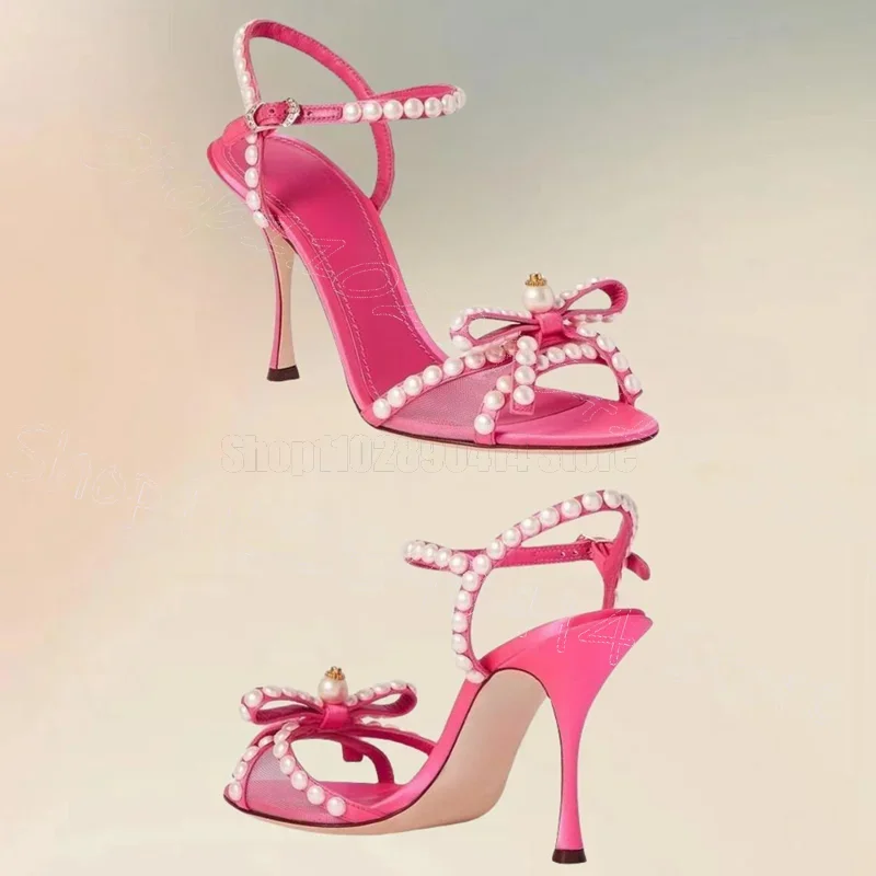 

Bow Knot Pearl Design Rose Red Open Toe Sandals Buckle Strap Women Shoes Thin High Heels Party Banquet 2025 Zapatos Para Mujere