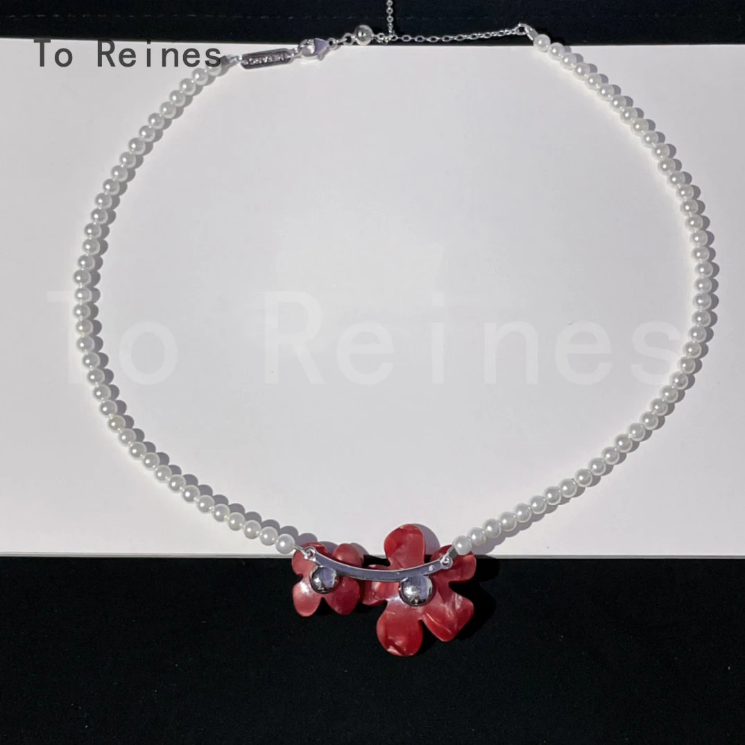 To Reines Fashion Gem Pearl Choker Red Flowers Pendant Female Elegant Jewelry Luxury Top Quality Necklace Valentine's Day Gift