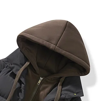 الشتاء الرجال سترة جديدة رشاقته الدافئة المرقعة مقنعين الذكور ملابس خارجية سحاب أكمام طويلة فضفاضة رجل عادية وهمية قطعتين أسفل معطف #5