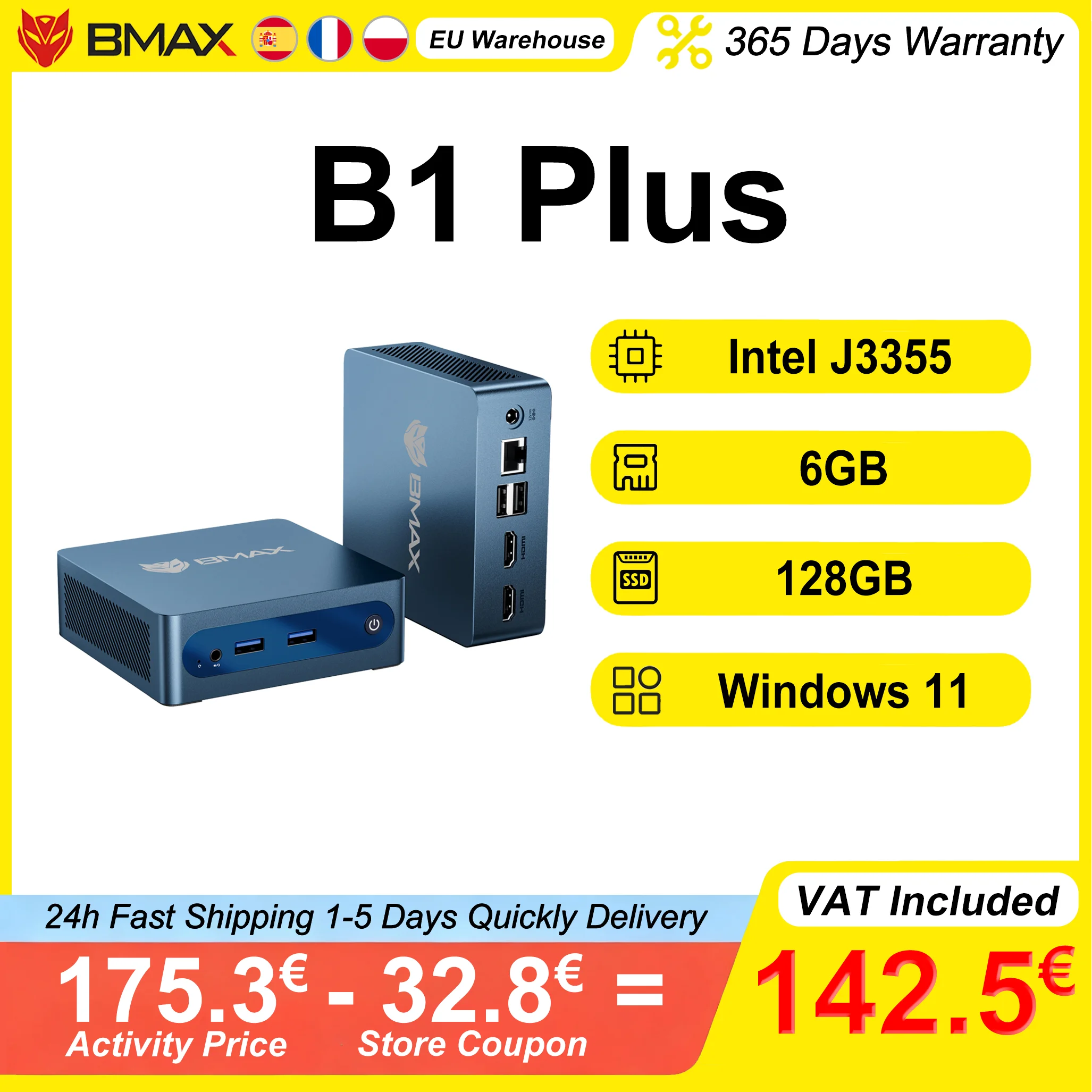BMAX B1 Plus Mini PC 6GB RAM 128GB ROM Intel J3355 Ondersteunt 4K@60Hz Intel HD Graphics 500 Dual Band Wifi Bluetooth 5.0 HDMI USB