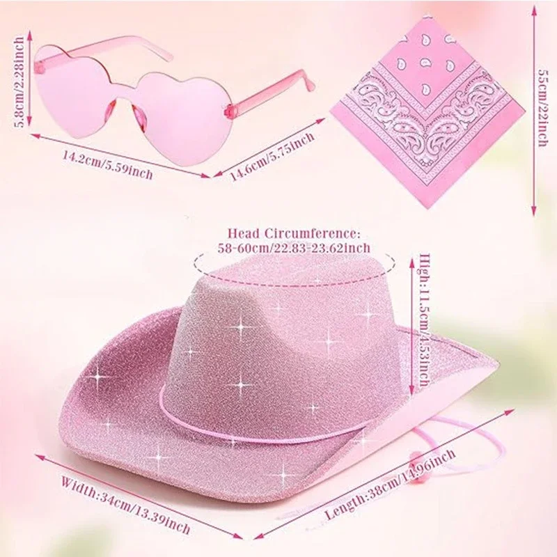 3pcs/Set Bachelorette Party Pink Sparkling Cowboy Hat Western Cowboy Hat Happy Hen Party Decor Girls Birthday Party Photo Props
