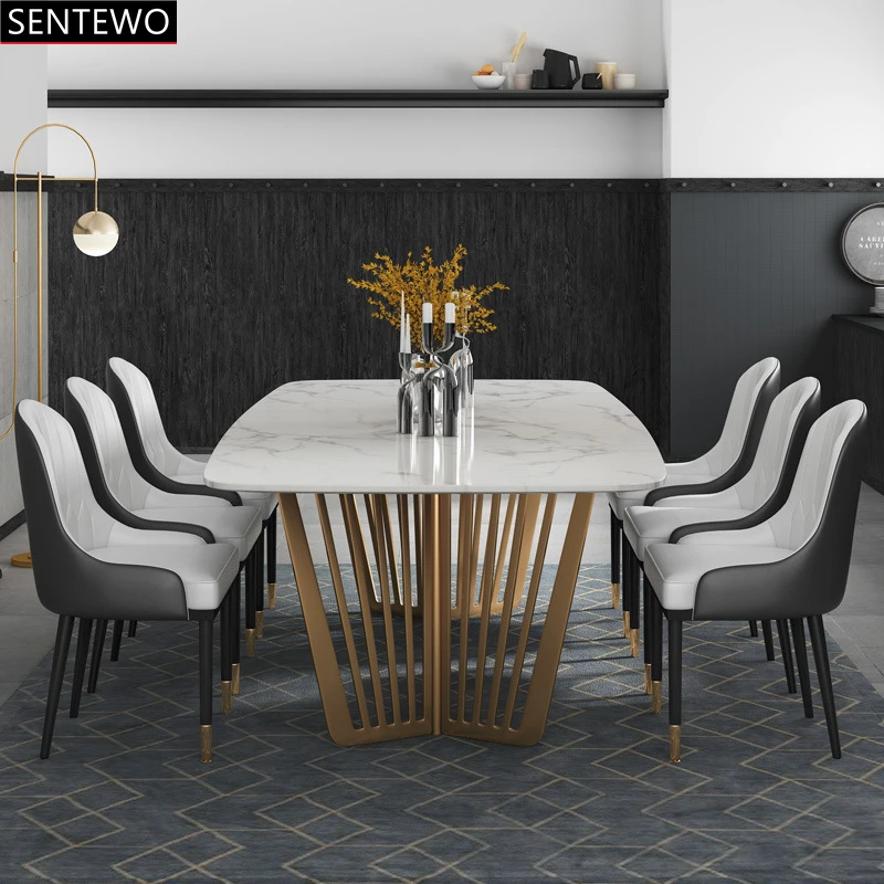 Luxury Marble Kitchen Dining Table With Chair Set Stainless Steel Gold Plating Base Dinner Table Chair Set Mesa Com 6 Cadeiras