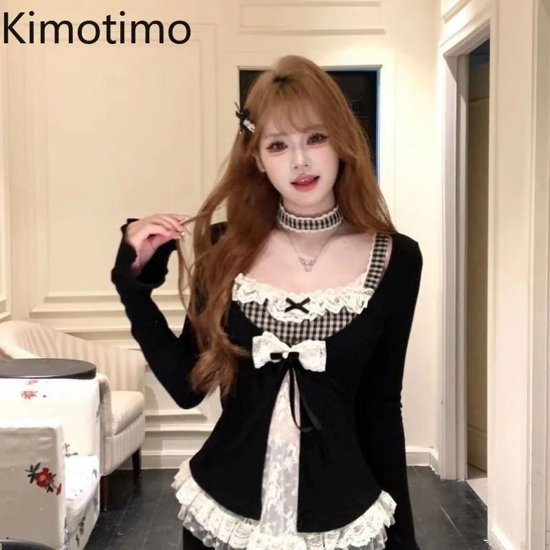 Kimotimo Women Fake Two Piece Tops Sweet Bow Plaid Patchwork Lace Ruffle Slim Chic Tops Vintage Y2k Aesthetic Long Sleeve Tees