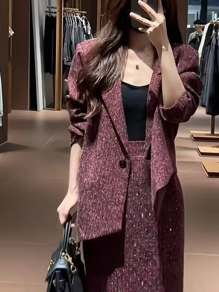 Slim Fit Fashionable Suit And Skirt Set Women's Spring Autumn Open Split Stylish Korean Workwear Polyester Fiber Body Shape