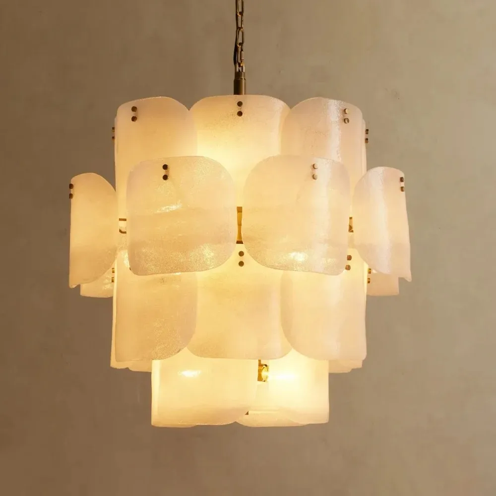 Minimalist Wabi Sabi 2026 Latest Pendant Light Clear Textured Glass Shield Tiles Chandelier Light for Dining Room Villa Decor