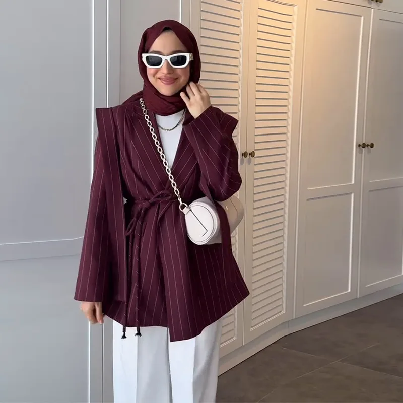 SKMY 2025 automne nouvelle couleur unie col rabattu ample à lacets taille haute robes courtes femmes vêtements à manches longues robe Blazer