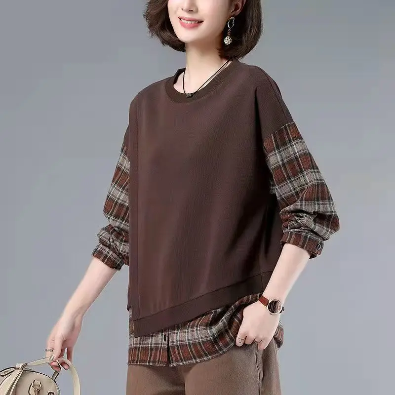 Fashion Spliced Fake Two Piece Plaid Shirt Women\'s Clothing Autumn New Oversized Casual Pullovers All-match Korean Blouse