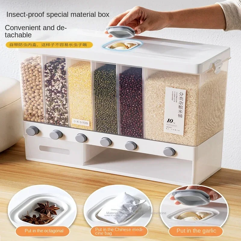 Wall-Mounted Grain Dispenser 6-in-1 Rice Cereal Storage Container 10kg Dry Food Storage Solution Multi-Compartment