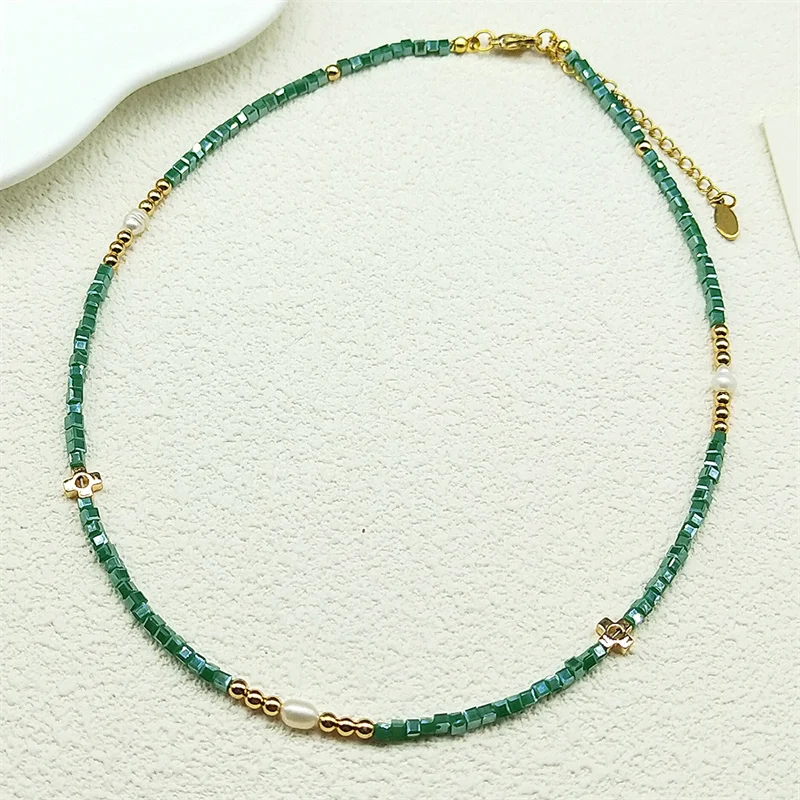 

Charm Female Cross Pendant Necklace For Women Men Stainless Steel Green Color Nature Stone French Style Long Chain Jewelry Gifts