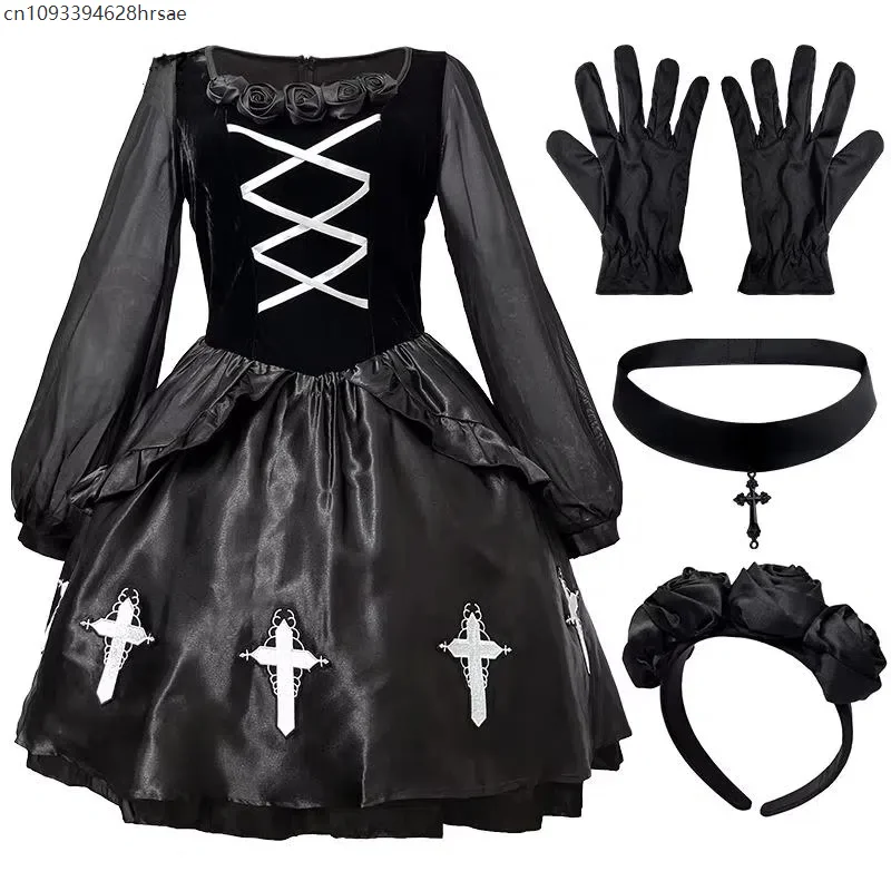 

2025 Gothic Lolita Black Medieval Waist Cinching Dress Cross Decoration Lolita Witch Cosplay Costume Carnival Outfit