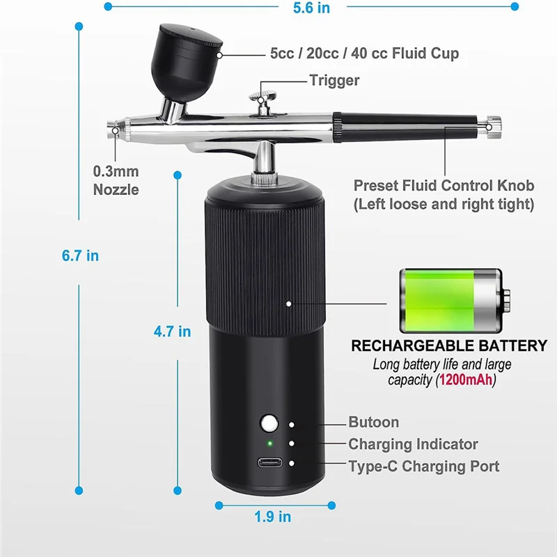 PA-エアブラシキット - 充電式ハンドヘルドエアブラシコンプレッサー、プロフェッショナルコードレス自動エアブラシガン、ネイルアート、メイクアップ用