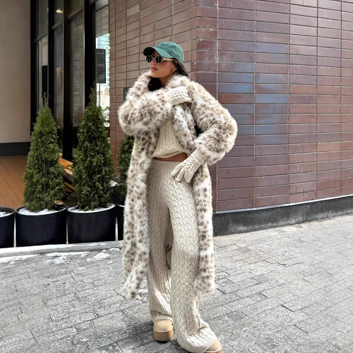 Leopard Faux Fur Coat Women Long Overcoat Turn Down Collar Full Sleeve Open Stitch Thick Loose Elegant Jacket Autumn Winter New