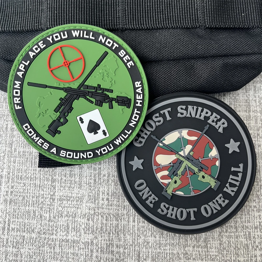 GHOST SNIPER Ace Card Gun Tactical Patch PVC Morale Badge Hook and Loop Patches Outdoor Equipment Sticker for Backpack Hats