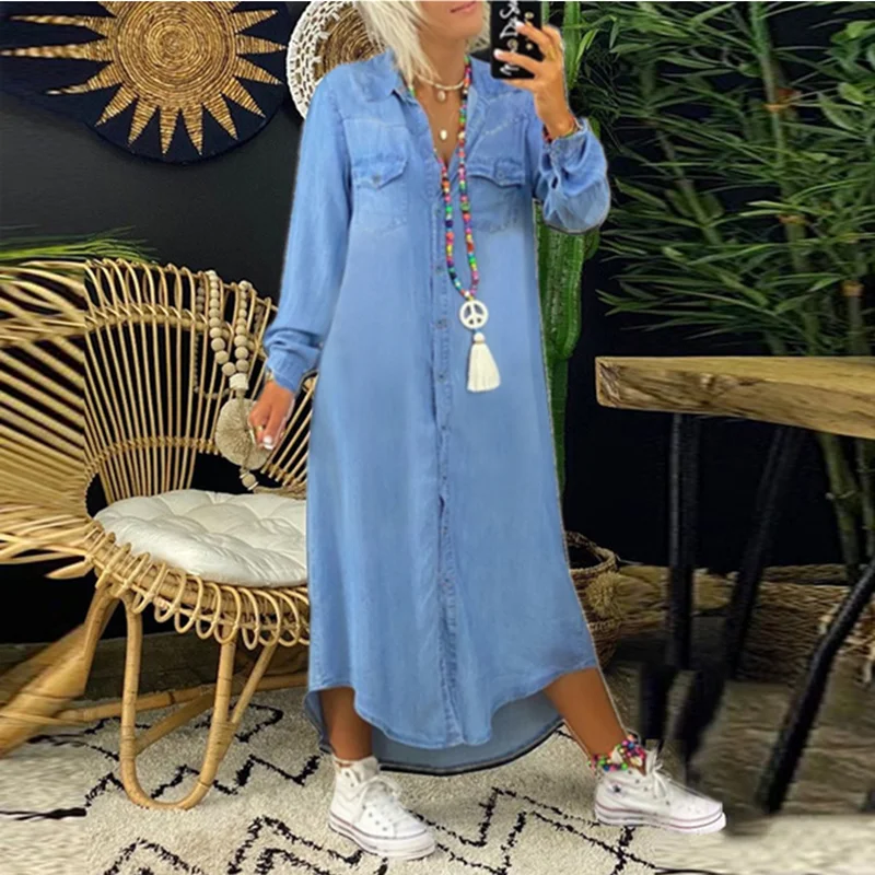 Autumn Long Dress Long Sleeve Shirt Women's Denim Long Dress Pocket Button Shirt Casual Loose Elegant Dress Vestido S-5XL