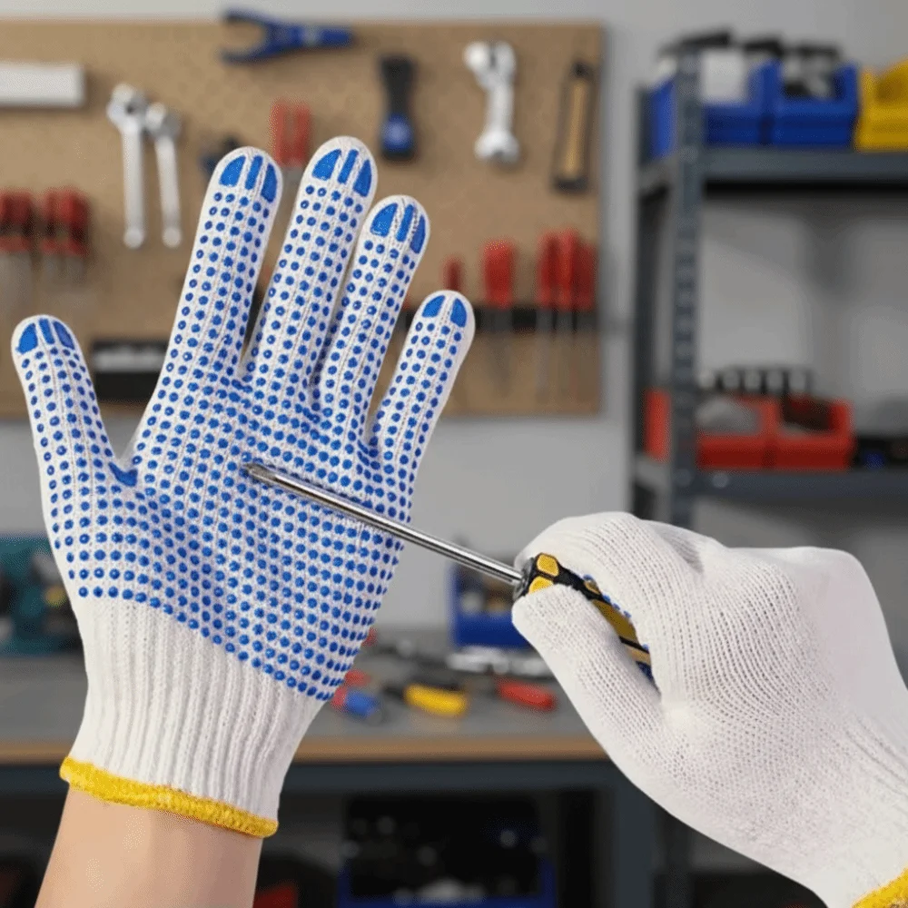 

48 шт./24 пары износостойких рабочих перчаток, утолщенные защитные перчатки из хлопкового материала с резиновым покрытием, удобные перчатки в горошек из ПВХ