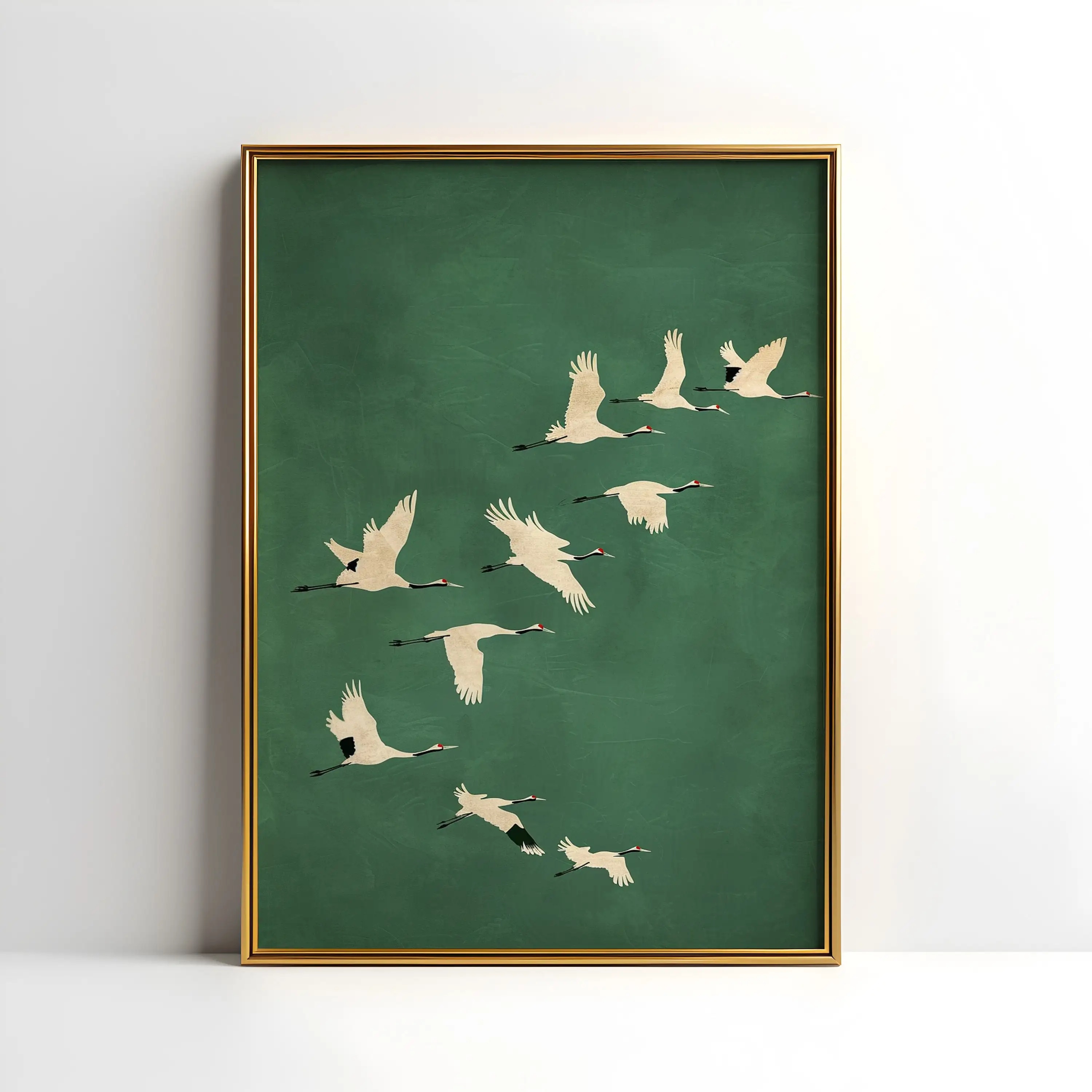 Emerald Green Cranes Poster Gold Accents Japanese Large Bird Artwork Canvas Painting Wall Art for Living Room Home Decor Gift