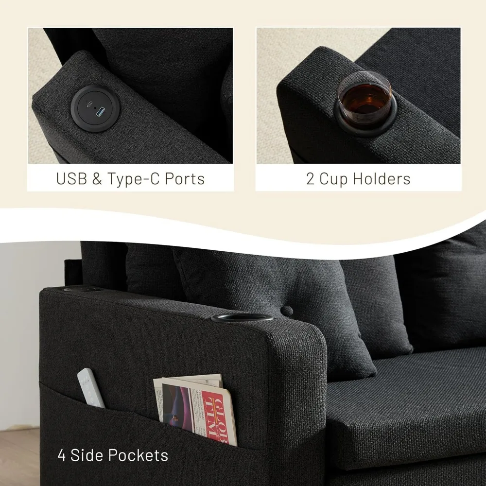 Convertible Couch Bed with Cup Holders and USB Port, 56 Inch Loveseat Sleeper Sofa for Living Room and Bedroom Use
