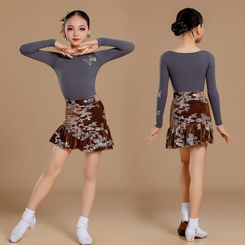 

Зимняя одежда для латинских танцев для девочек, серое танцевальное трико с длинными рукавами, коричневая юбка, детский тренировочный костюм для латинских танцев, ча-ча-румба, 4692