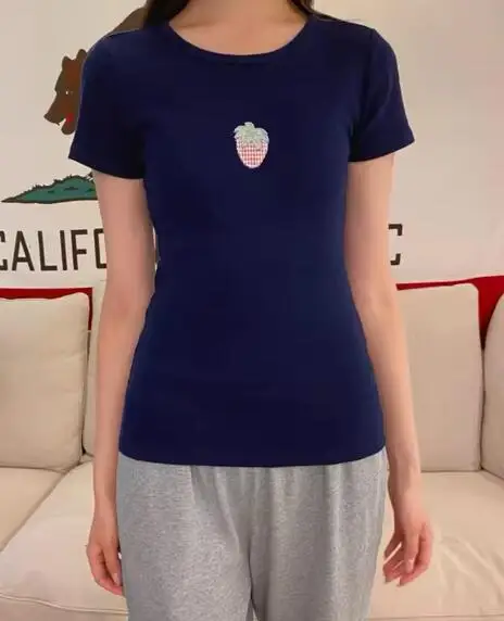 

Sweet Strawberry Appliques T-shirt Women Summer Navy Cotton O-neck Short Sleeve Tee Shirts Cute Preppy Style Tshirt Y2K Tops New