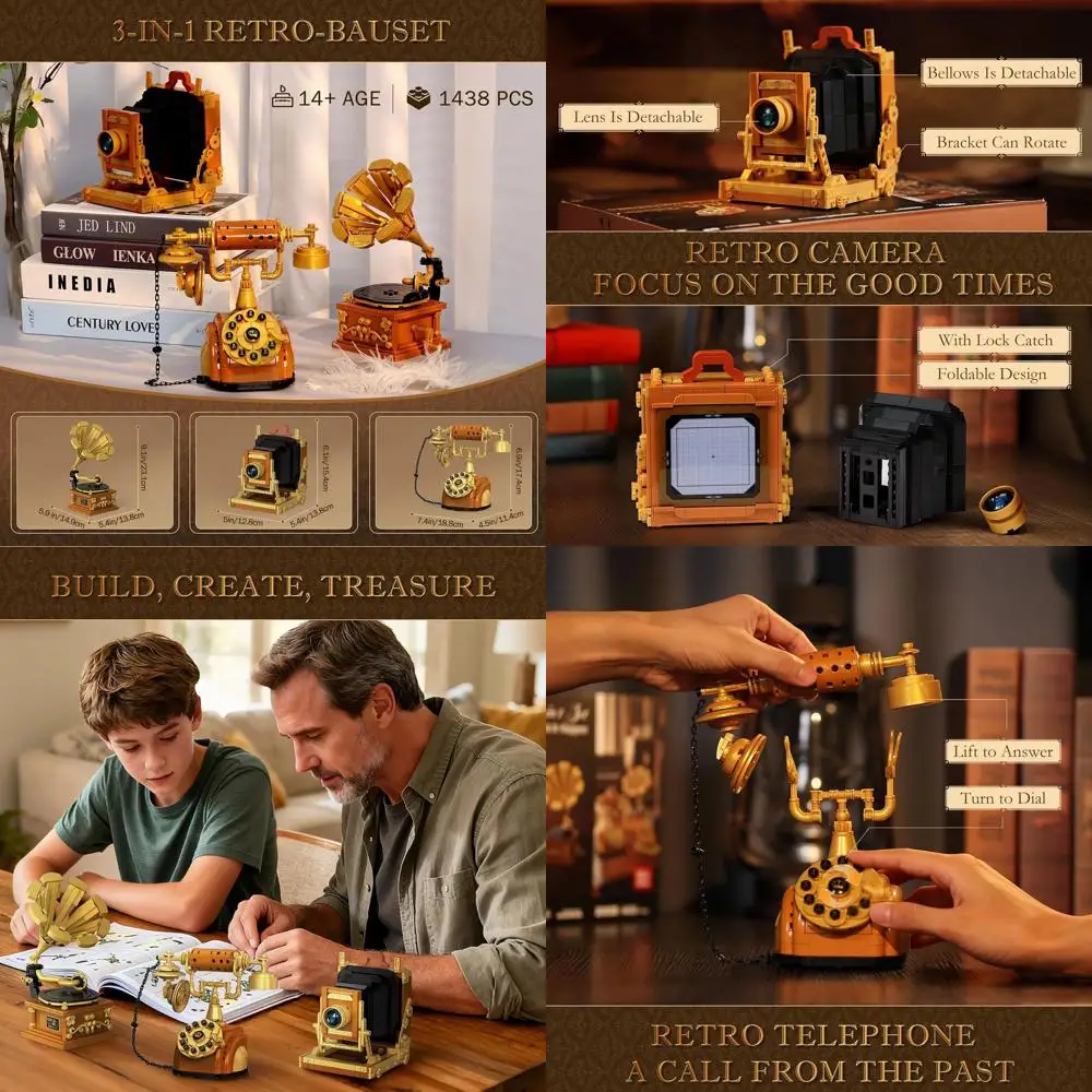 ชุดตัวต่อวินเทจ 1438 ชิ้น: กล้องถ่ายรูปย้อนยุค, โทรศัพท์, เครื่องเล่นแผ่นเสียงสำหรับบ้านและสำนักงาน, ของตกแต่งย้อนยุคยุค 80 สำหรับผู้ใหญ่