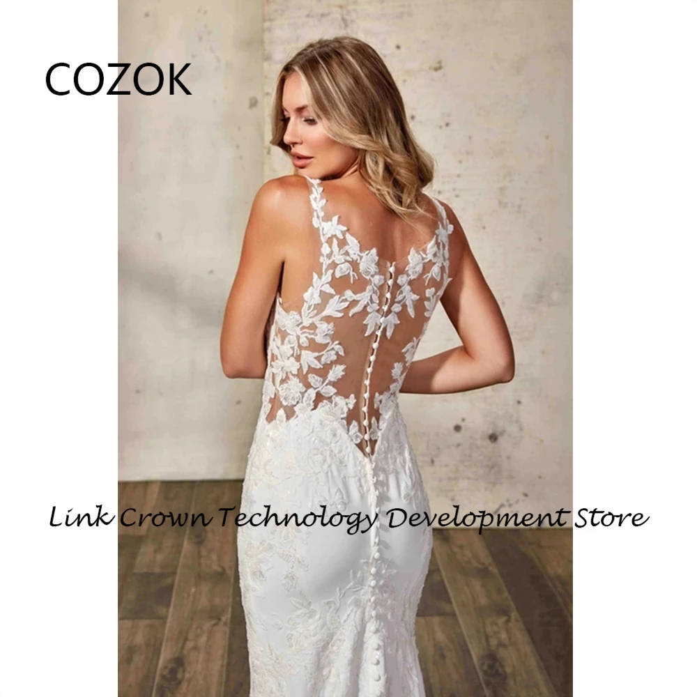 COZOK abiti da sposa con spalline sottili con abiti da sposa senza maniche a sirena in pizzo 2024 Summer Court Train Jersey Vestidos De