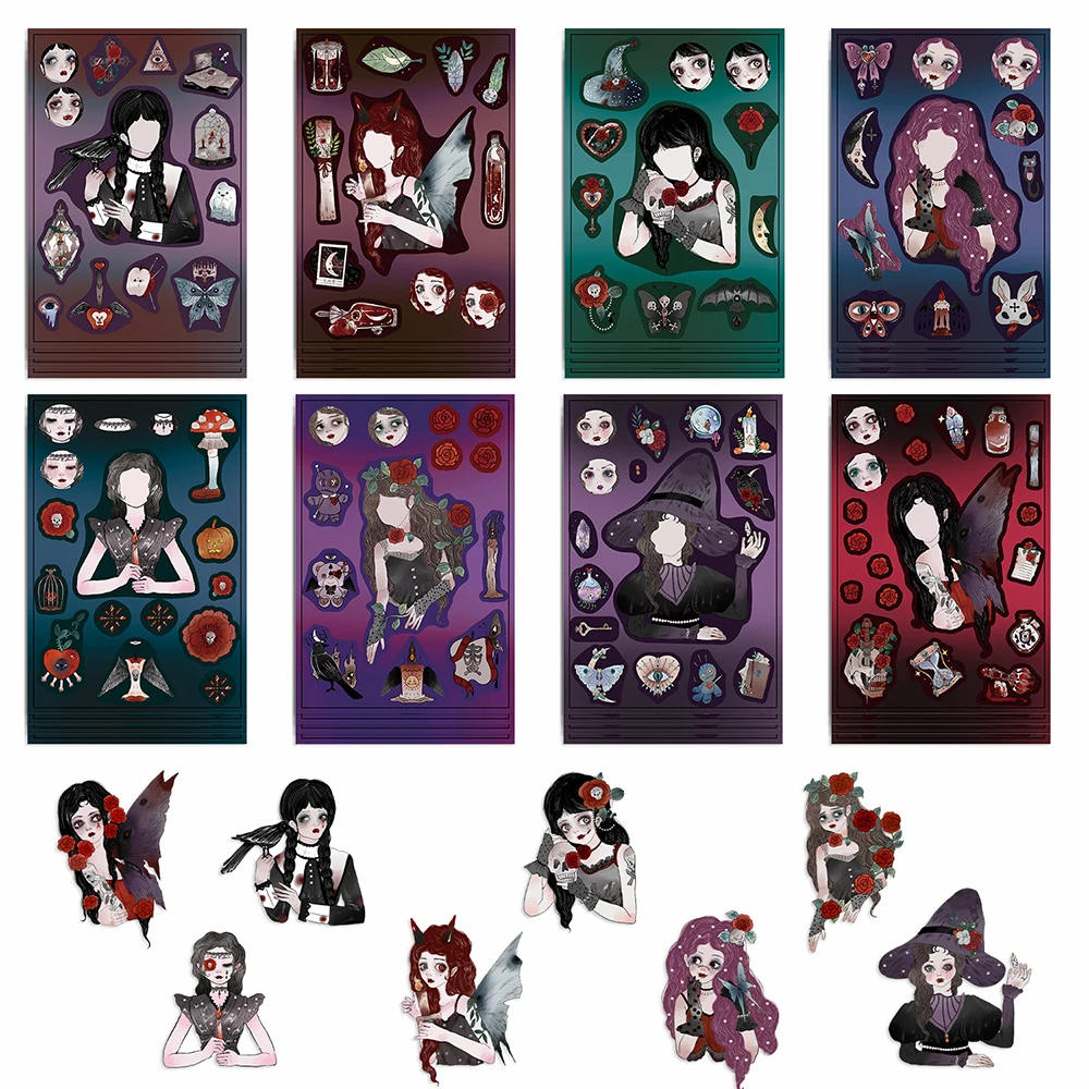 8/16Sheets Gothic Girl Puzzle Stickers Make-a-Face Children DIY Assemble Jigsaw Educational Toys Party Favors For Kids Girls