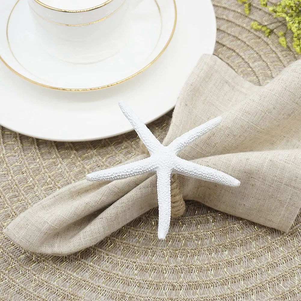 A25F-Handmade Starfish Napkin Rings Set Of 8, White Faux Sea Star Napkin Ring Holder For Wedding, Party, Dining Tables