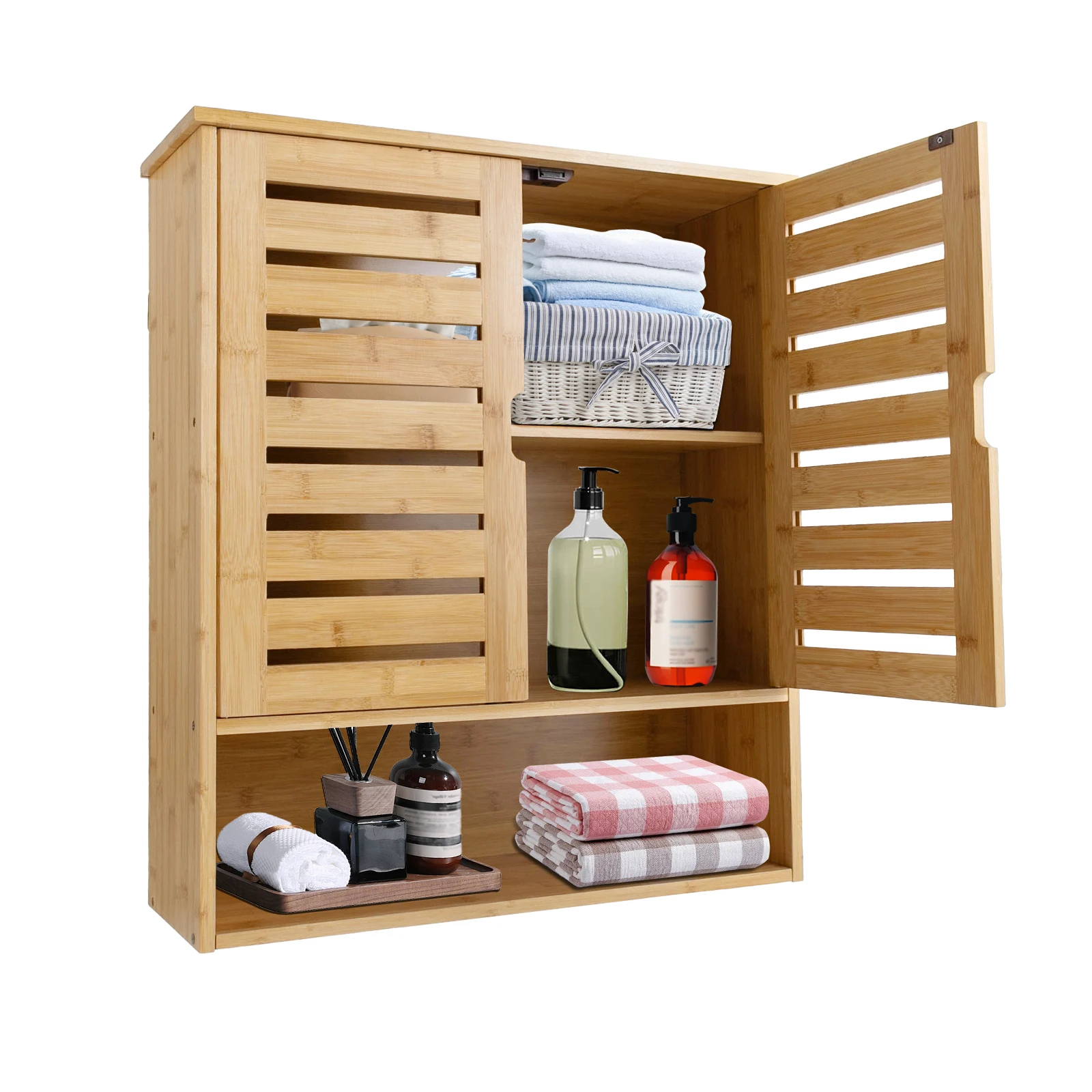 Wall Mounted Bathroom Cabinet, Bamboo Bath Storage Organizer, Storage Cabinet with 2 Door & Adjustable Shelves, Home Organizer