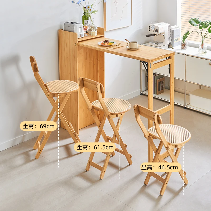 Foldable Bar Stool Household Modern Minimalist High Stool Solid Wood Bar Chair Restaurant Japanese Rattan Backrest Chair