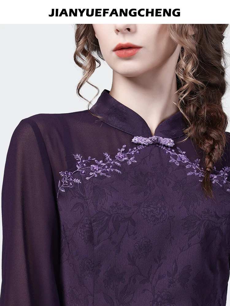 Women Autumn New Long Sleeve Stand-up Collar Purple Embroidered Shirt Vintage Casual Chinese Style Ladies Tops And Blouses