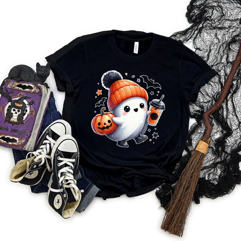 Fashion Woman T-shirts Funny Halloween Pumpkin Ghost Short Sleeve T-shirt Pumpkin Coffee Graphic Tee Retro Halloween Ghost Tops