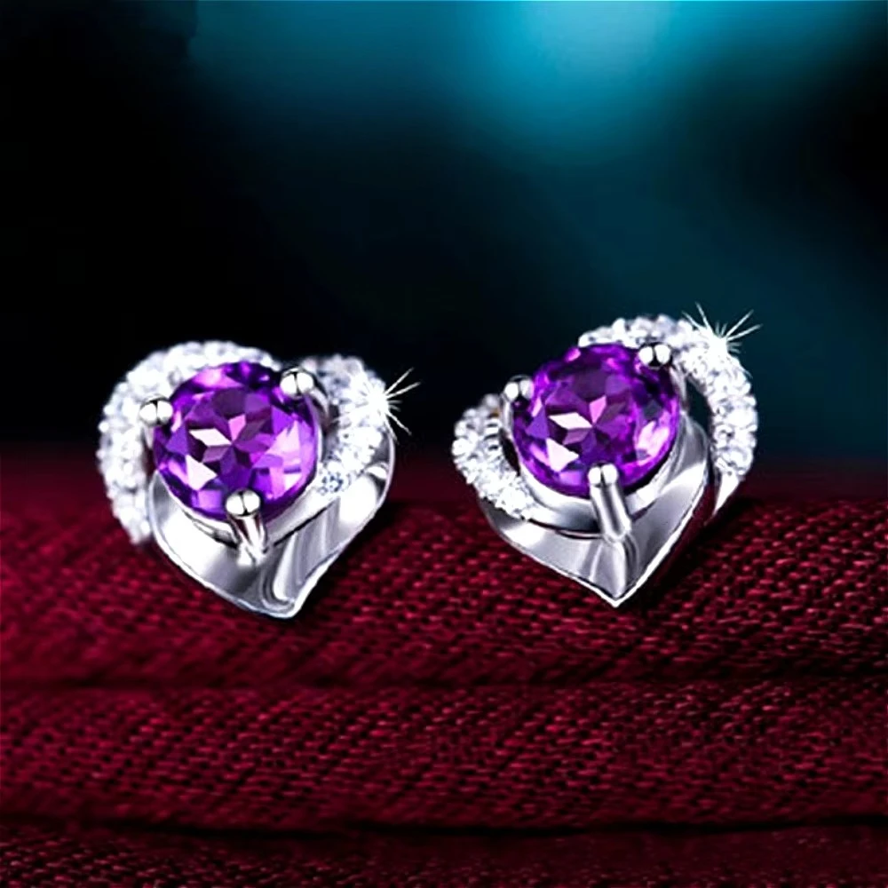 Luxury 925 Sterling Silver Purple Crystal Ear Studs - Heart-shaped Earrings - Women's Elegant Jewelry