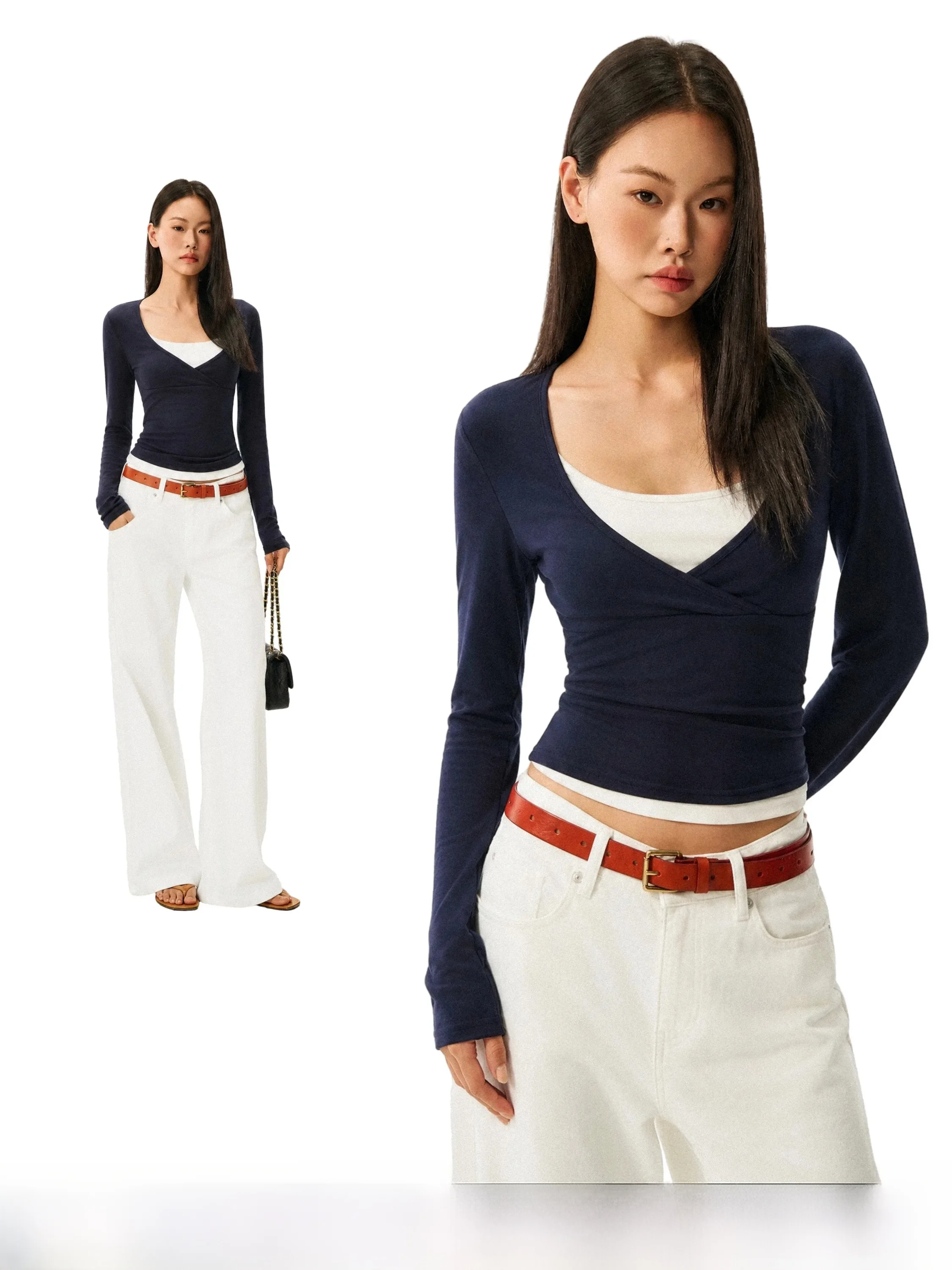 American Style Dark Blue Long Sleeve T-Shirt Women's Crossed Waist-Cinching Casual Style Top GOGO BURN New Autumn Collection