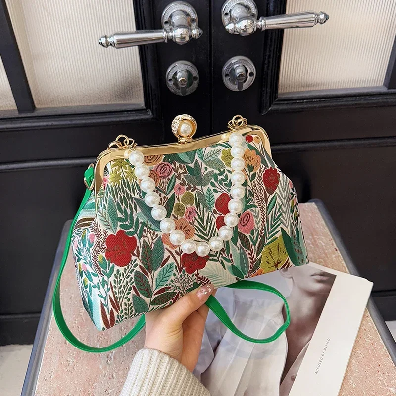 

Жаккардовая сумка с вышивкой, винтажная сумка с жемчужной цепочкой, клатч, женская сумка через плечо в этническом стиле с цветочной тканью в виде ракушки