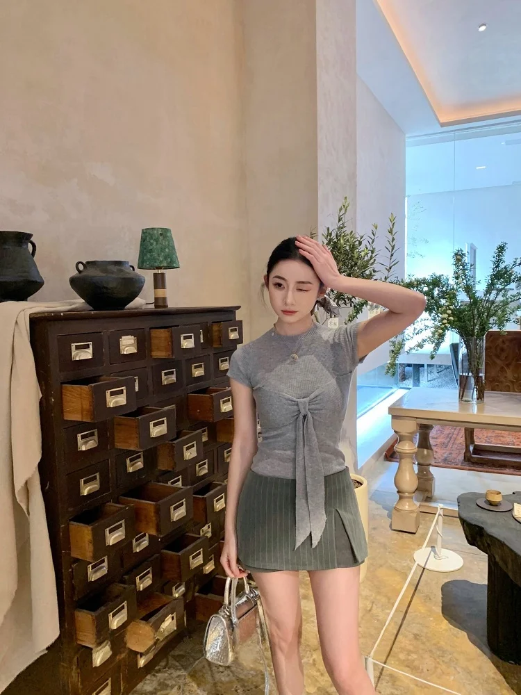 

Юбка-трапеция SIMONA с разрезом, имитирующая длинную юбку, в корейском стиле, для офиса, вязаная