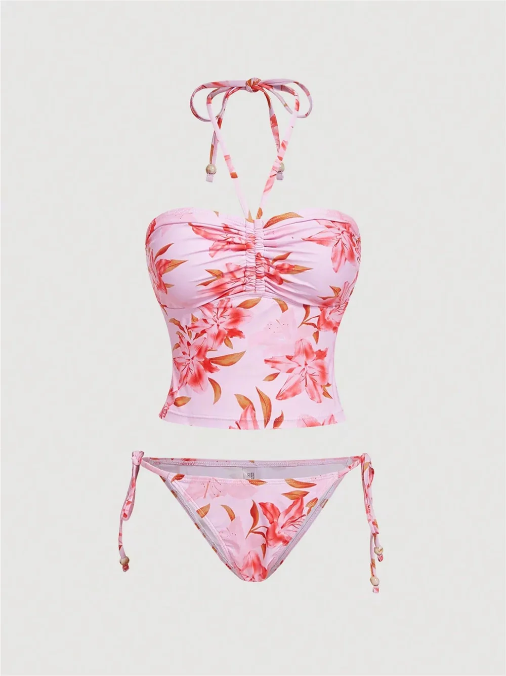 Sexy Pink Micro Beads String Bikini Floral Print Baneau Swimsuit Women 2 Piece Vacation Swimwear Korean Tankini Beach Outfit Set