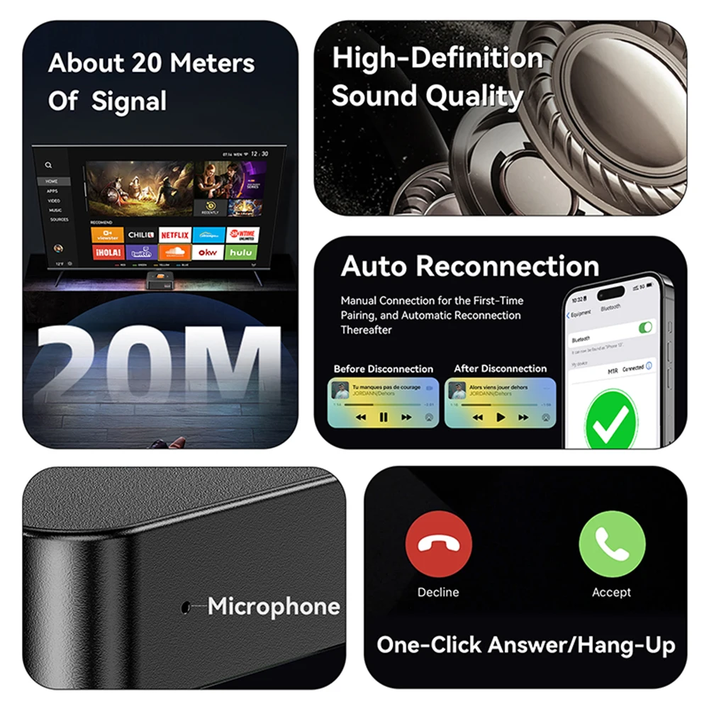 Bluetooth 6.0 Receiver 3.5mm AUX Jack RCA Wireless Adapter Built-in Mic Stereo Music Wireless Adapter For Home Speaker/Amplifier