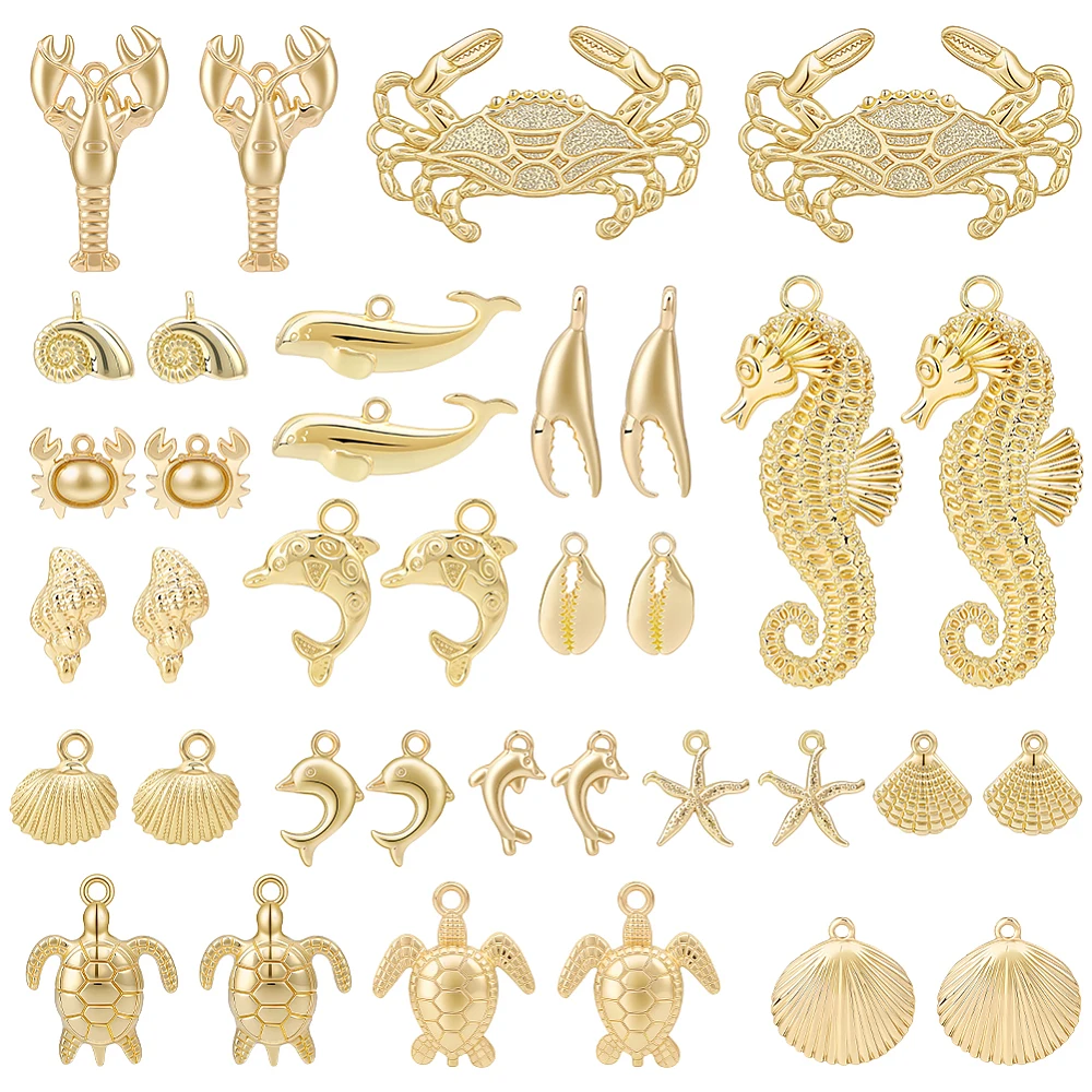 36Pcs Summer Beach Charms for Jewelry Making 14K Gold Plated Cowrie Shell Dolphin Fish Sea Turtle Starfish Conch Lobster Charms