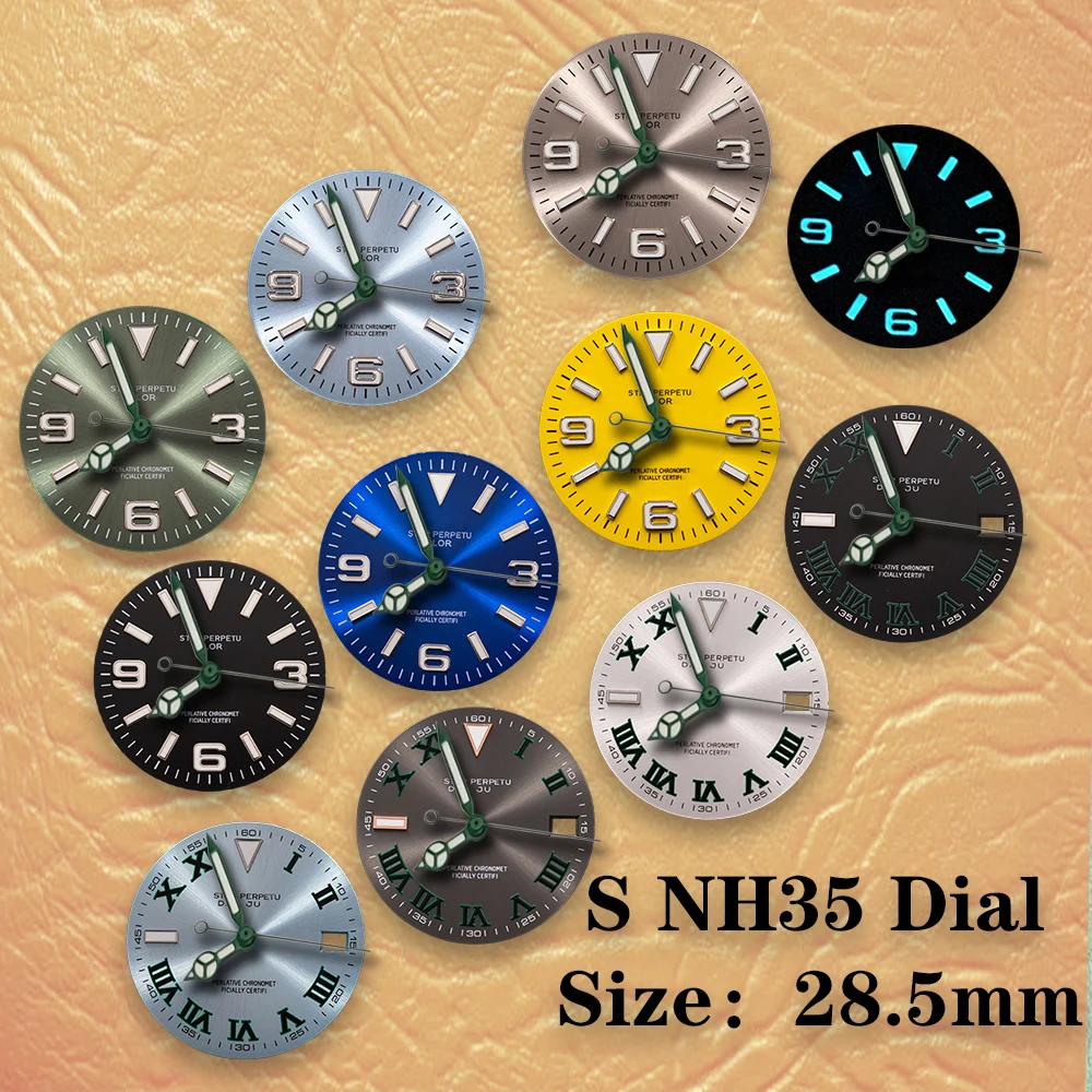 28.5mm S Dial Sunray Ex-plorer NH35 Dial Roman dial Suitable For NH36 Movement Ice Blue Luminous Watch Modification Accessories