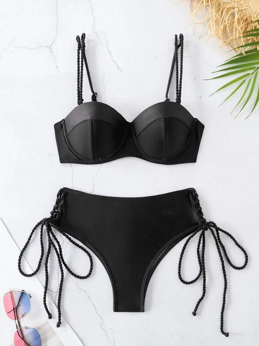 Sexy Bikinis Sets Push Up Women's Swimsuit Tie Side G-String Vintage Solid Swimwear Chest Pad Summer Beachwear Bathing Suit