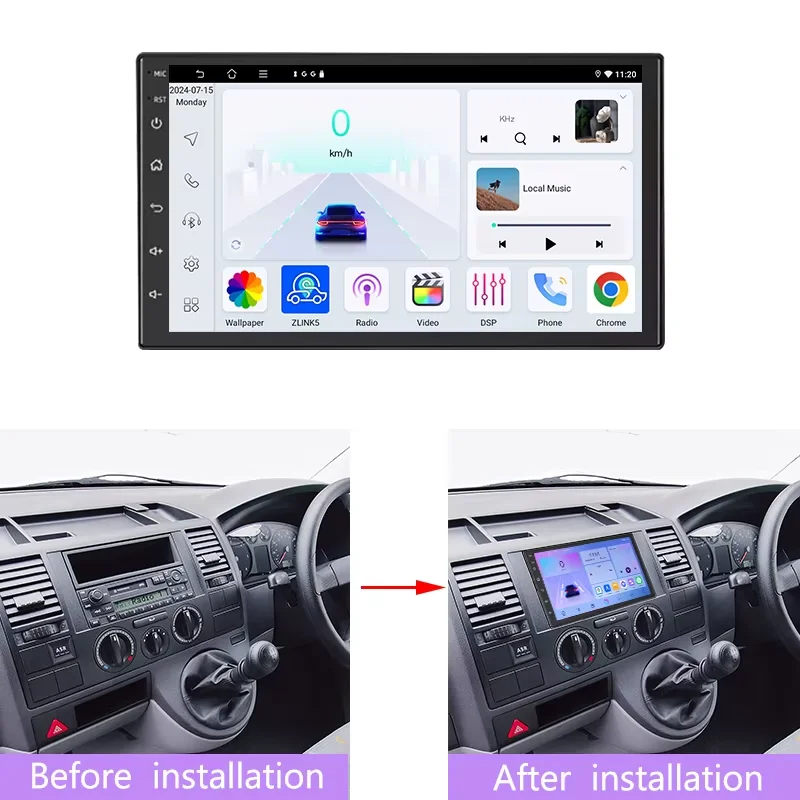 7inch Android 15 Multimedia Player Wireless Apple Carplay Car Stereo Radio For VW T5 Transporter Van UK-spec 2003-2009 2DIN GPS