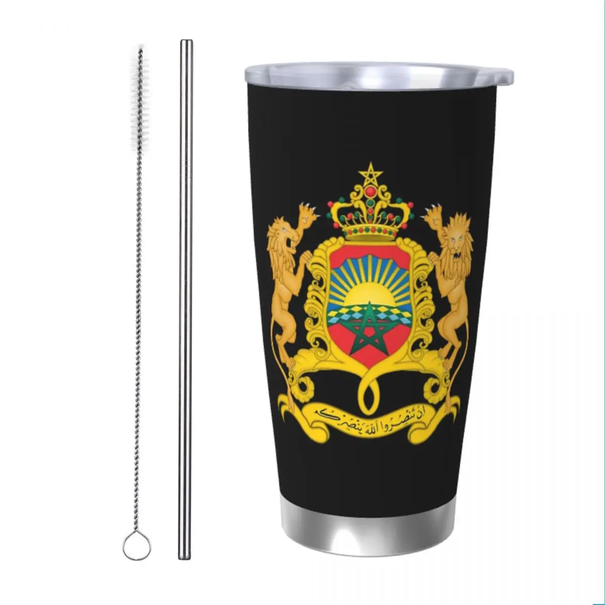 Morocco Of Arms Moroccan Tumbler Vacuum Insulated Kingdom of Morocco Cup with Lid Straw Travel Outdoor Mugs Water Bottle