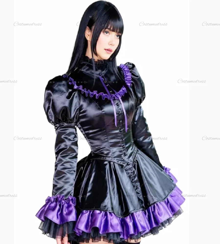 Vintage zwart en paars kostuum avondjurk elegante lange mouw vampier gotische galajurk korte cocktail cosplay formeel feest
