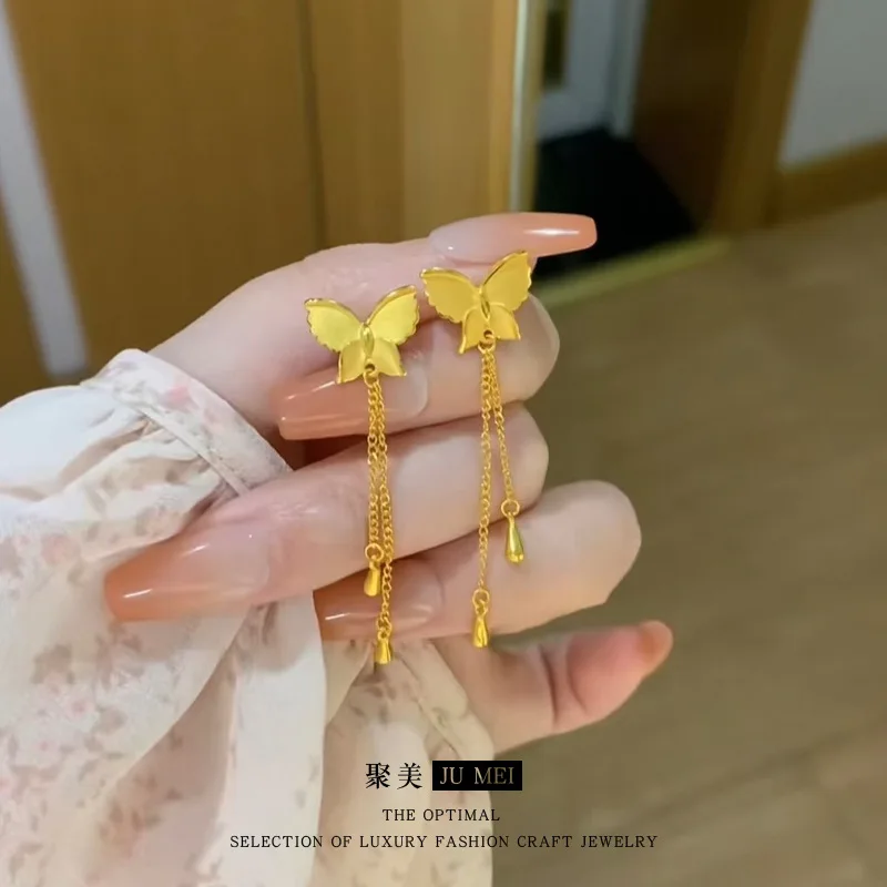 9999 24K  real gold store same style gold women's earrings gold butterfly tassel fashion