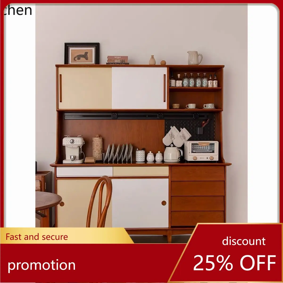 

ZML Solid Wood Sideboard Kitchen Wall-Mounted Integrated Cabinet Multifunctional Rock Board Vintage Tea Cabinet