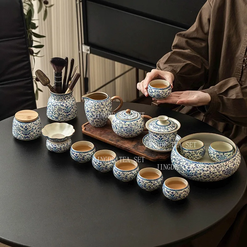 Ru Kiln Gongfu Tea Set, Interlocking Lotus Ceramic Teaware Kit with Teapot, Gaiwan, Tea Cups, Fair Pitcher Tea Canister