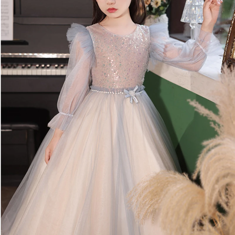 Personalizado fada temperamento o pescoço malha plissado emendado puff manga vestido da menina de flor fino miçangas apliques florais vestido de baile s