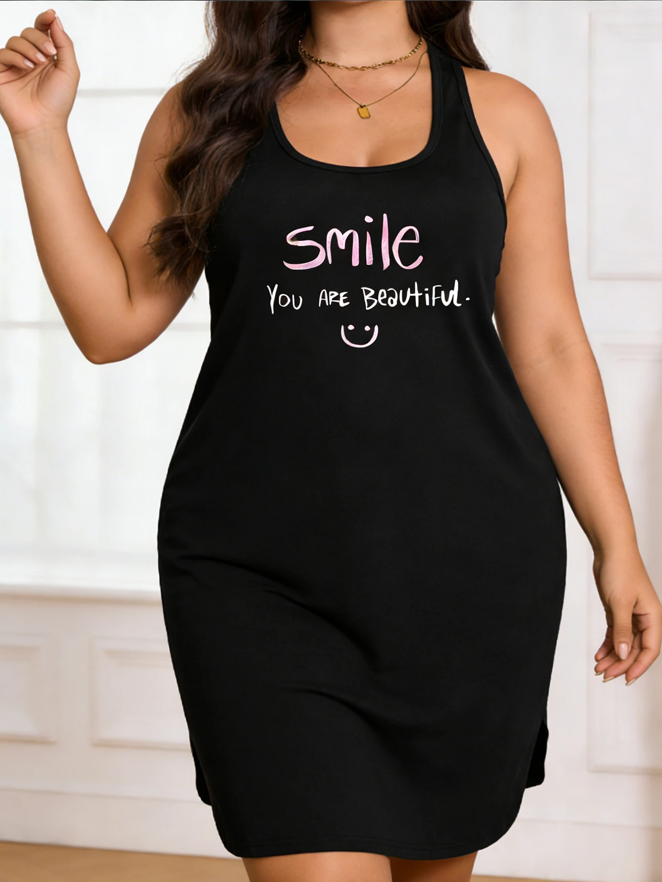 

Large-size lady's soft stretch geometric pattern blouse dress - casual round-neck summer, machine-washable comfortable style