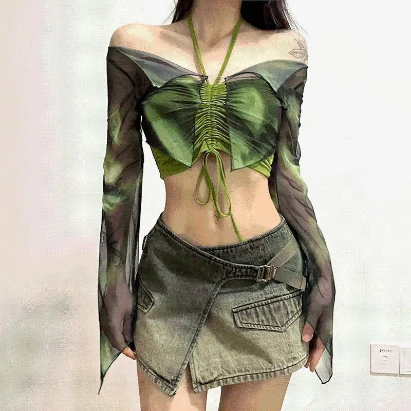 

MiiiiX High Street Hot Sexy Girl Outfit Halterneck Shirring Short Tops Camisole Tie-dye Tulle Long-sleeved T-shirt Two-piece Set